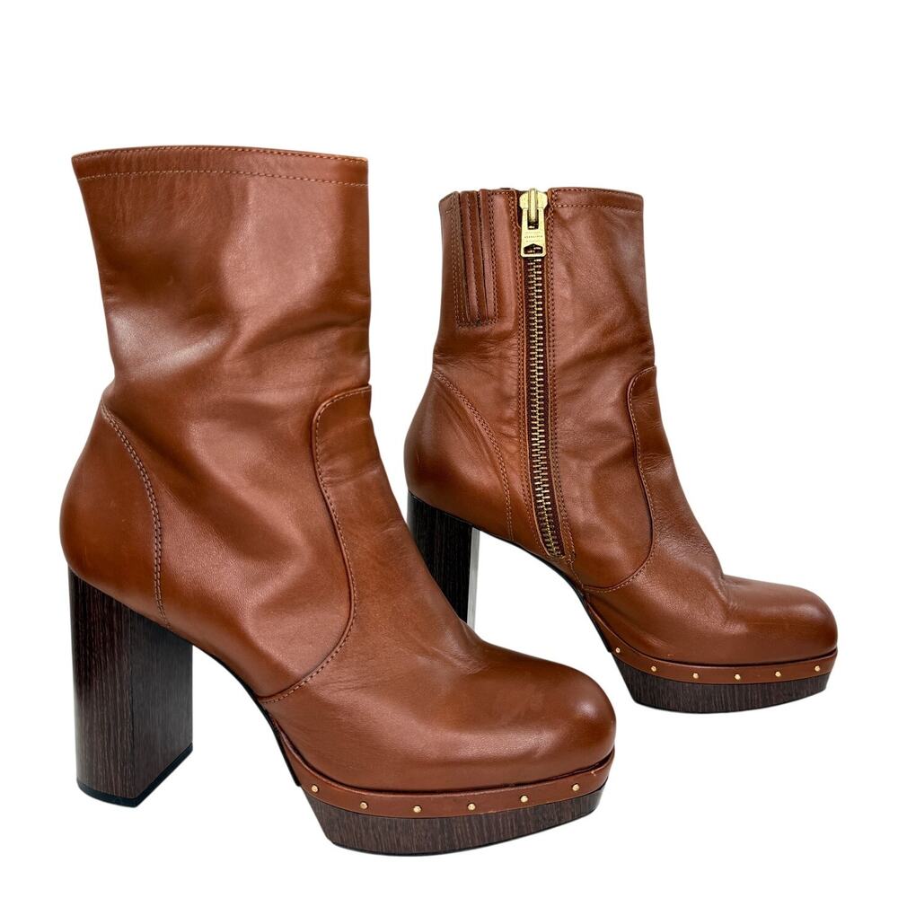 Allsaints Thea Booties Size 39 Brown Leather Stud Side Zip Block Heel Ankle Boot